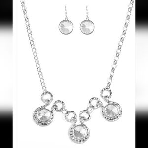 Paparazzi Silver Large Circle Rhinestone Statement BLOCKBUSTER Necklace